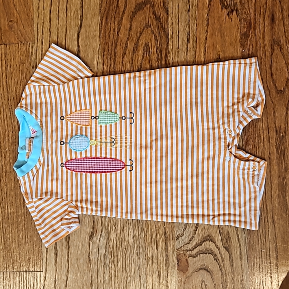 JELLYBEAN Orange Striped Fishing Lure Short Romper, Baby Boy size 12 Month